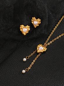 3 Stücke Vintage 18 Karat Vergoldet Edelstahl Herz & Perlen Schmuckset - Halskette & Ohrringe, elegantes Charm Geschenk für Frauen, modisch & einzigartig
