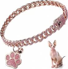 Collar de gato con diamantes, collar cubano con purpurina, metal para caminar con hebilla segura, collar de gato y mascota con eslabones de pata, accesorios de joyería con campana de identificación para gatos pequeños (dorado, 10 pulgadas) - dorado - Ver 11