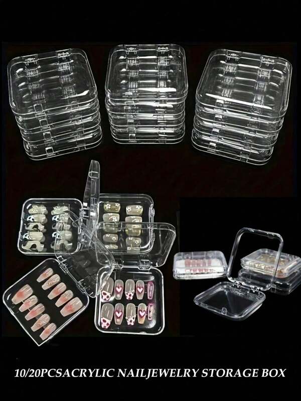 10/20 piezas Caja de almacenamiento transparente en rosa, negro y blanco para arte de uñas, joyería, pendientes, pulseras y tarjetas. Caja de exhibición y almacenamiento de acrílico transparente de alta gama, portátil y reutilizable para aficionados al arte de uñas y la joyería, también útil para dormitorios, regreso a la escuela, herramientas de maquillaje y almacenamiento de maquillaje debajo de la cama o en el escritorio del dormitorio.