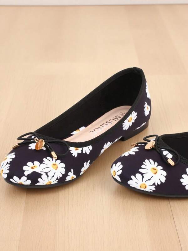 2025 Summer Daisy Ballet Flats - Women's Lace Bow Comfort Shoes, Breathable Floral Flat Sandals In Black