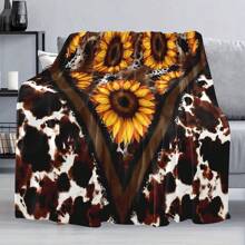 Manta de franela de felpa con estampado de vaca vintage y crisantemo de un solo lado, regalo suave, cálido y acogedor, adecuado para todas las estaciones, para usar como chal, en la cama, yoga, coche, camping, siesta en la oficina o actividades al aire libre, regalo perfecto para Navidad, Acción de Gracias o cumpleaños