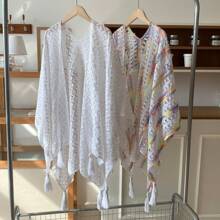 1 pièce Cardigan ajouré tricoté blanc pour femmes, Cape châle à franges élégante rétro, Vêtement léger, Poncho pour port quotidien des femmes