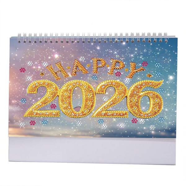 Calendario vertical de 13 piezas de pintura de diamantes hecha a mano 2026, con diseños que incluyen una copa de champán, fuegos artificiales, máscara, gorro de Papá Noel, encuadernación espiral, material de papel, adecuado para el hogar, la oficina y la programación escolar