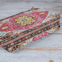 1pc Retro Bohemian Print Canvas Makeup Bag, Toiletry Wash Organizer Pouch & Gift Bag, Travel Storage Bag & Coin Purse, Lightweight, Foldable, Zippered, Machine Washable For Travel, Gym, Camping, Business Or Home Use, Chic Accessory, Perfect Gift For Women, Teachers, And Friends