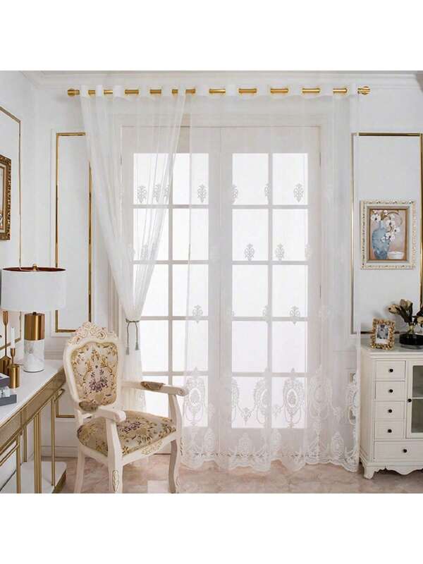 1pc Punching Style Fresh Rural Floral Embroidered Sheer Curtain Panel For Living Room Or Balcony