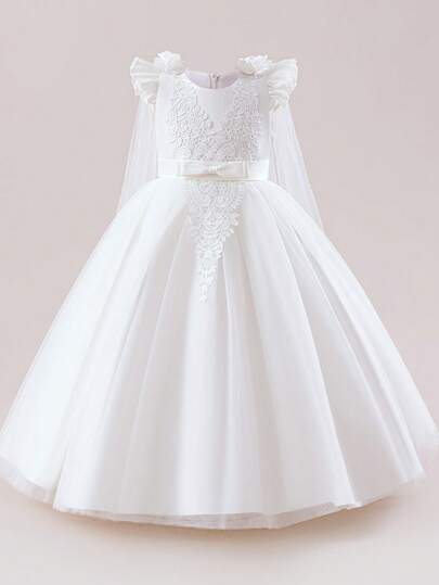 Cute Girls Floral White Princess Dress, Puff Sleeve Wedding Flower Girl Pageant Tulle Lace Patchwork Bowknot Long Dress For Little/Mid Tween Girl, Summer Elegant Party/Event/Piano Recital Gown