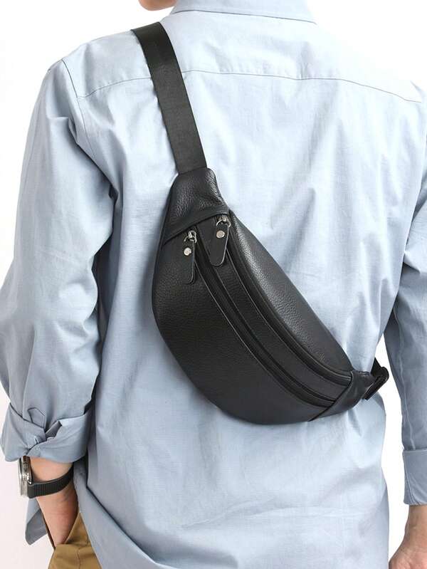 Bolso de cintura de cuero de color liso de alta calidad, bolso bandolera suave con gran capacidad para hombres, adecuado para ciclismo, senderismo, negocios, transporte, estilo callejero de los años 2000