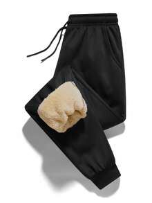 2 件男士背心和裤子套装，时尚休闲棉质背心，配有松紧腰带和卷边羊毛裤，运动服套装，秋冬装 - 黑色 - 查看 5