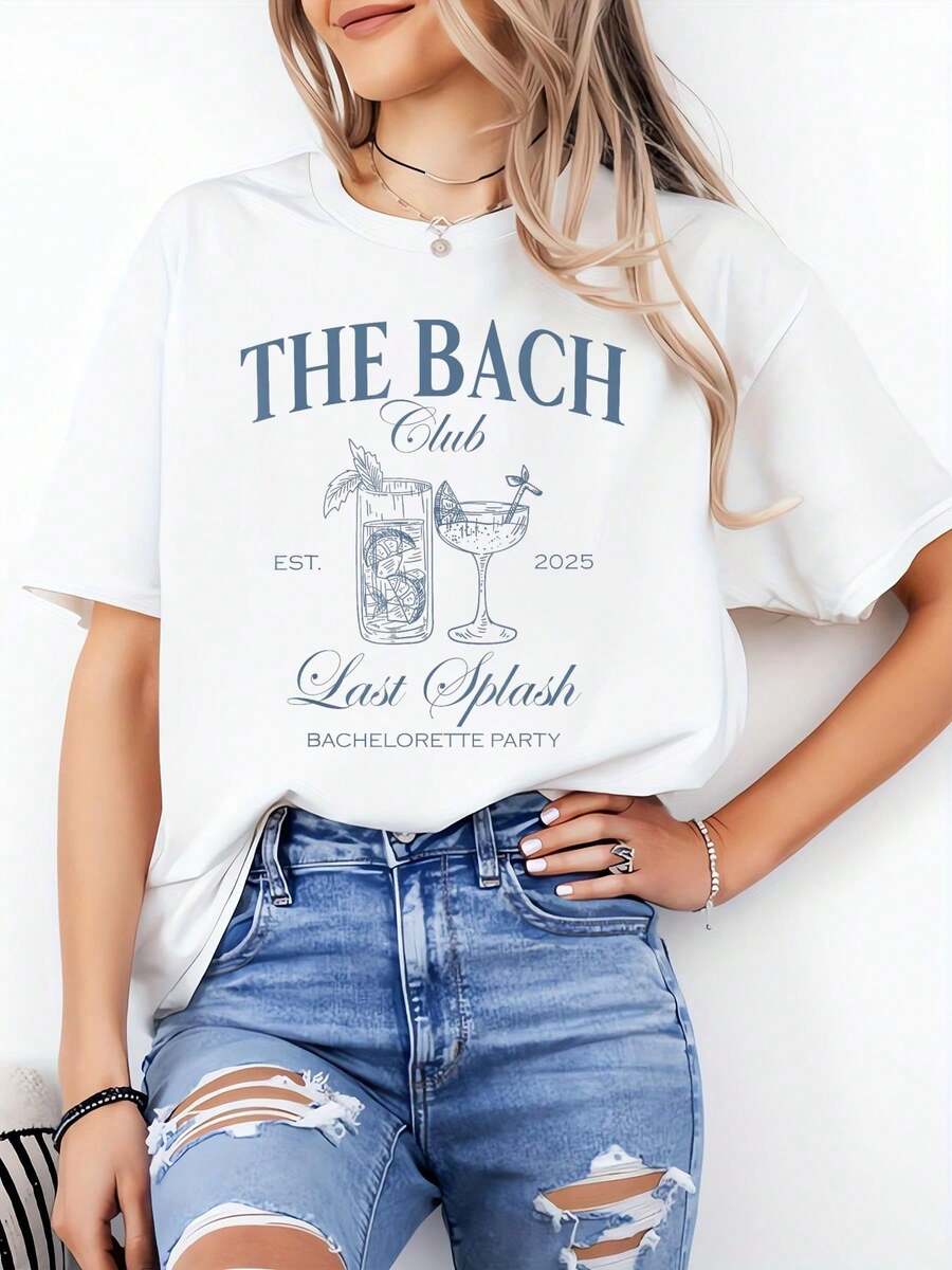 100% Cotton Women T-Shirt White The Bach Club Last Splash Bachelorette Beach Bridal 2025 T-Shirt - trắng - Xem 1