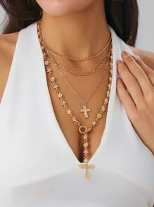 4 pezzi set di collane multistrato con pendente geometrico rotondo in metallo vintage, collana con ciondolo a croce di Gesù in stile punk per donna