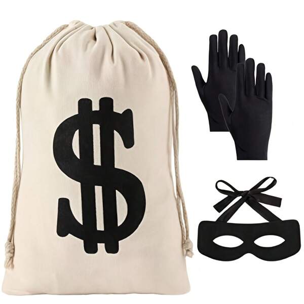 3pcs Costume Accessories Set, Including Dollar Sign Money Bag, Black Gloves, And Hat For Pirate/Burglar Role Play Outfit With Eye Mask Halloween