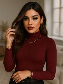 Suplex Blouse, Long Sleeve, High Neck, Basic, Everyday, Casual, For Women - Burgundy - View 1