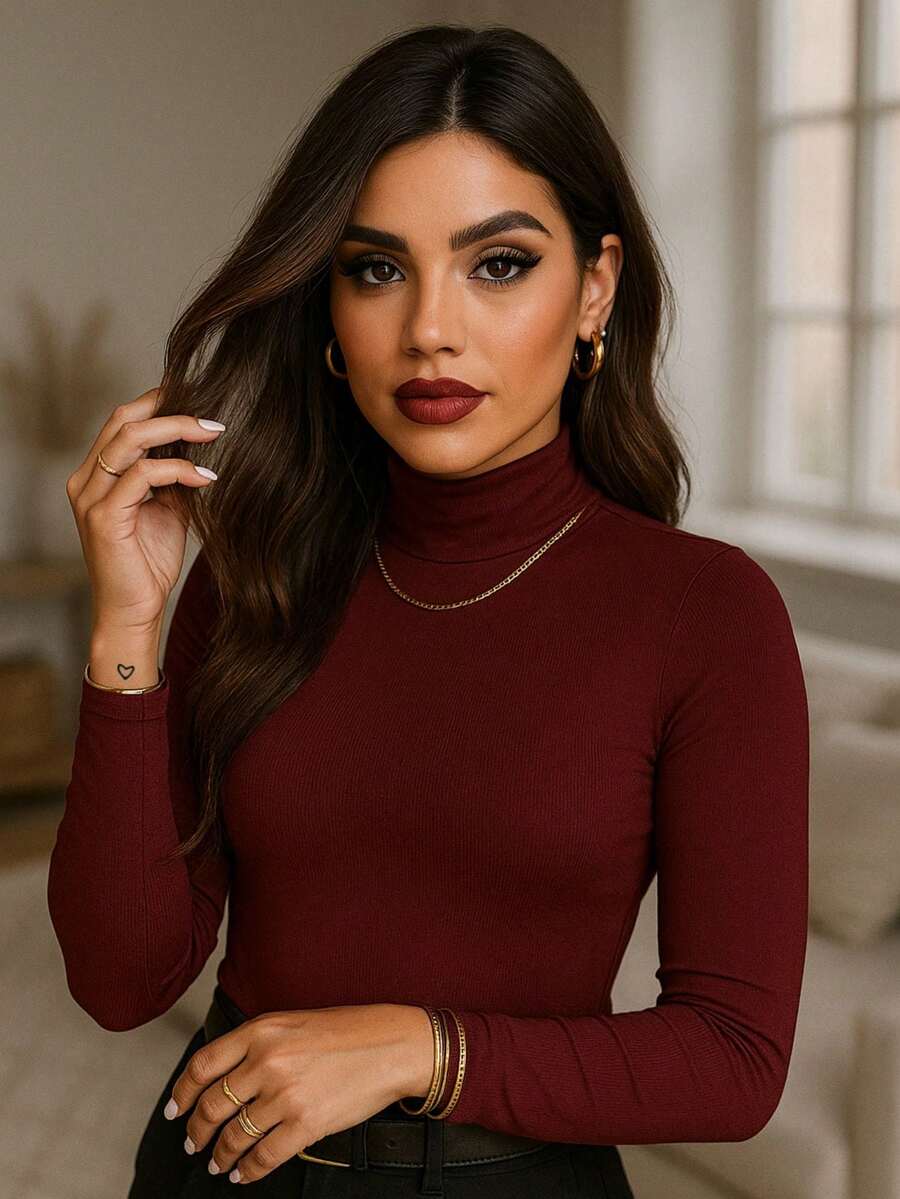 Suplex Blouse, Long Sleeve, High Neck, Basic, Everyday, Casual, For Women - Burgundy - View 1