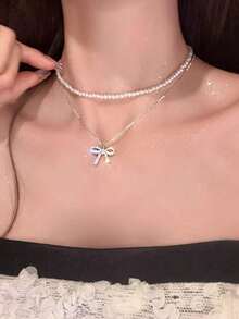 1件装奢华甜美双层蝴蝶结珍珠项链，适合女性佩戴参加派对，也可作为礼物送给朋友/女朋友。