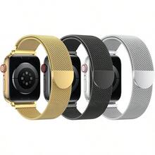 3 Paquetes de Correas de Malla Compatible con Watch para Mujeres y Hombres 40mm 41mm 38mm 42mm 44mm 45mm 49mm 46mm Series 11 10 9 8 6 5 4 Ultra3 SE3 2, Correa Magnética de Metal de Acero Inoxidable para - Oro + Negro + Plata - Ver 2