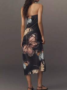 女士优雅蝴蝶印花露肩修身连衣裙，度假装 - 彩色 - 查看 2