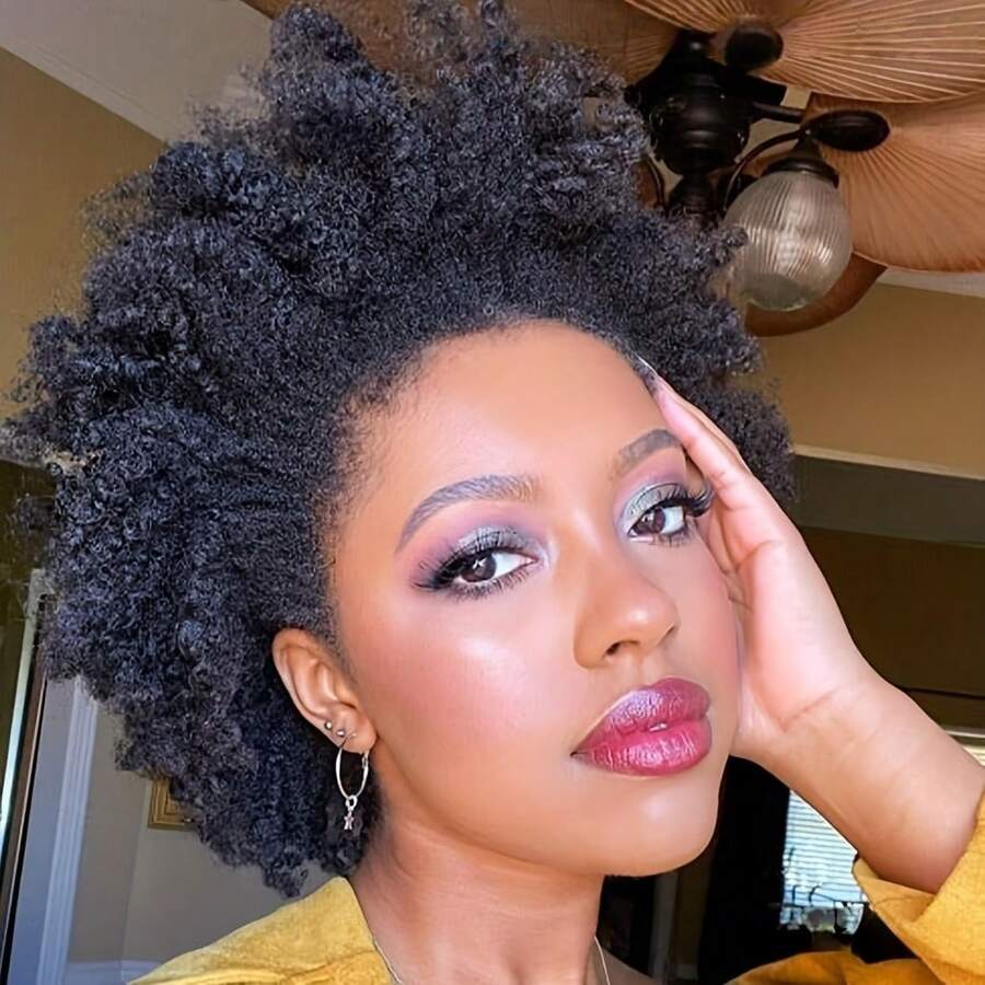 13x4 蕾丝前部非洲卷曲真人发假发，适合女士，密度 180% 短卷发波浪真人发假发，蓬松柔软真人发假发 - SNatural - 查看 1