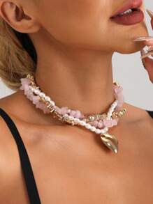 1pc Raspberry Pink Natural Stone Baroque Pearl Multi-Layered Necklace, Elegant Fashion Heart Shaped Pendant Necklace For Women, Suitable For Party, Vacation, Casual Occasions