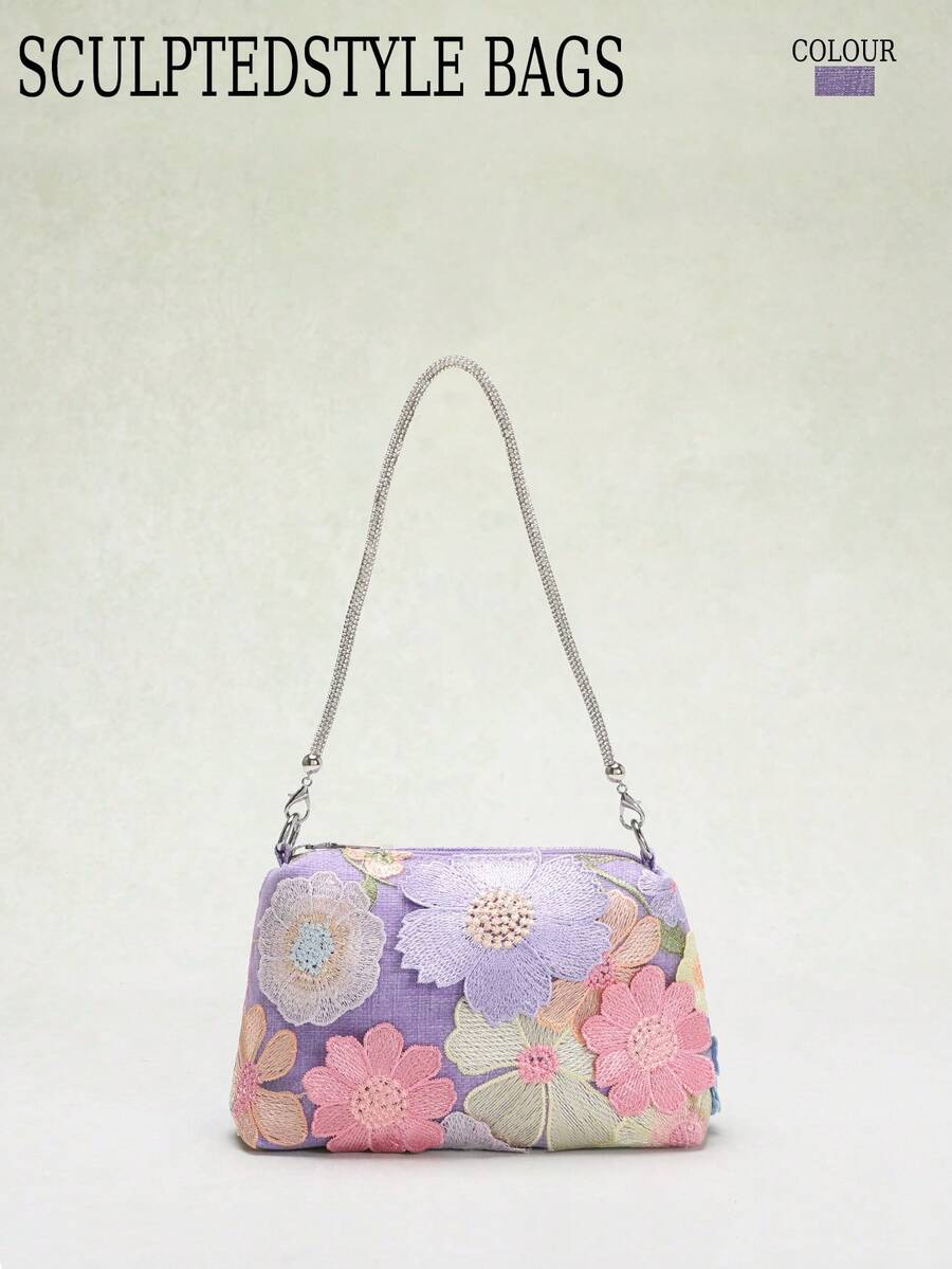 1pc Elegant Mesh Embroidered Jacquard 3D Floral Pattern Women Shoulder Bag, Sparkling Rhinestone Decorated, Suitable For Daily Commute, Summer Beach Travel & Leisure (Floral Pattern Random) - Purple - View 1