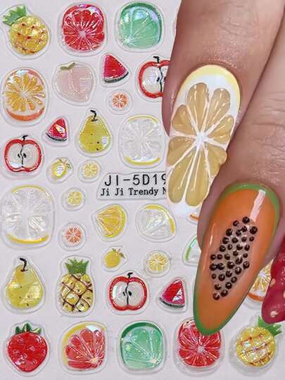 1 pièce Autocollant pour ongles 5D à motif de coquillage d'été frais et de fruits en relief 3D