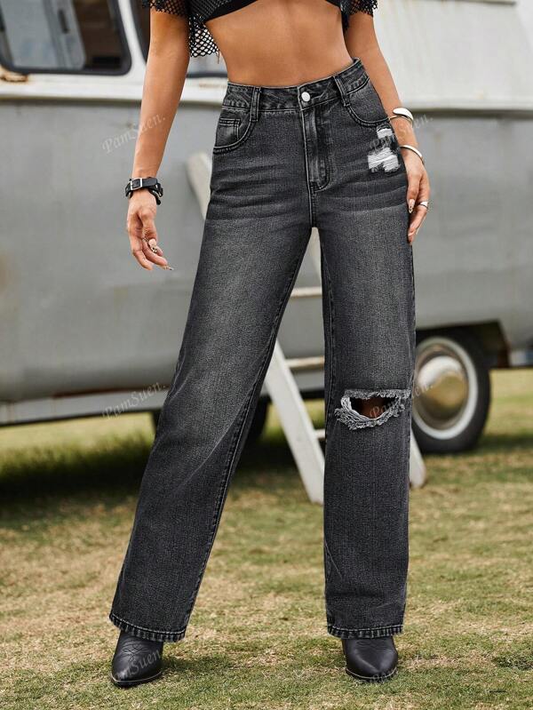 Women's Straight Leg Jeans, Solid Color Elegant Denim With Zipper Pockets & Buttons Distress Details