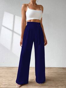 A&DD MODA, REF: AS1248 Wide Leg Pants With Elastic Waistband, Elegant And Sophisticated, Bell-Bottom Modeling, High Waist, Tailored, Casual And Formal Look, Comfortable And Stylish, Light And Comfortable Fabric, Ideal For Casual And Glamorous Occasions. ✨ - 藏蓝色 - 查看 3