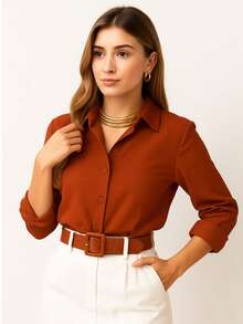Women's Elegant Button Down Shirt - Casual Chic Simple Style Pocket With Belt Button - Tile - View 3