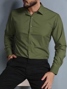 Men's Long Sleeve Slim Dress Shirt In Microfiber Fabric - 軍綠色 - 查看 1