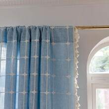 Boho Curtains 84 Inches Long Bedroom, Taupe Cotton Linen White Stripes Embroidery, Chic Hollow Geometric, Semi Blackout Window Vintage Drape With Tassels, 1 Panel W52 X L84, Fashionable Home Decor - Sky Blue - 查看 9