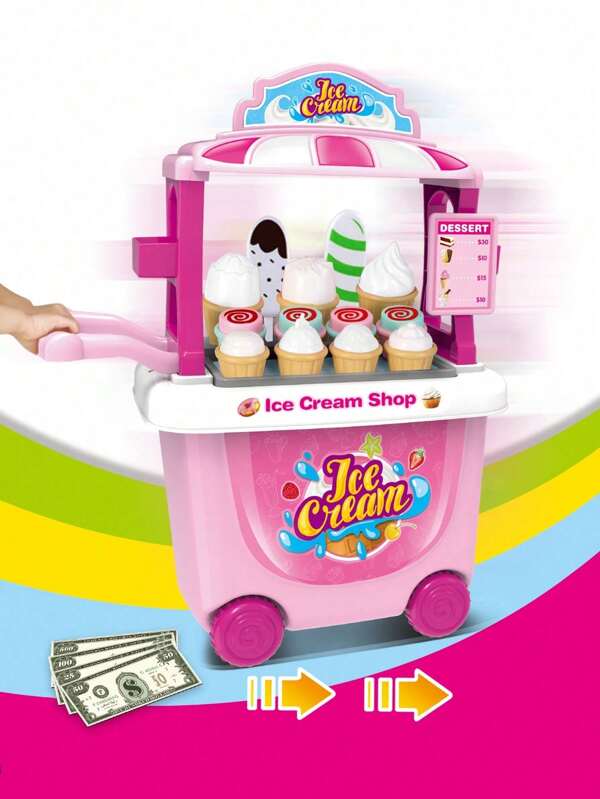 1 pièce Jeu de glaces miniatures pour enfants, mini-chariot de magasin de glaces, cuisine miniature à monter soi-même, voiture avec boîte de rangement, simulation de commerce, vente de devises, maison de jeu pour garçons et filles, un cadeau idéal pour les enfants.