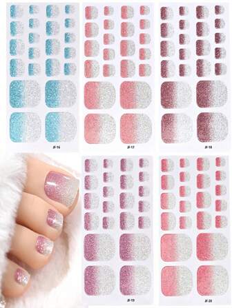 110 stuks teennagelstickers, 5 vellen, nagelkunst-wraps voor vrouwen. Teennagelstickers met een minimalistische stijl en effen glitternagelkunststijl. U kunt snel en eenvoudig nagelkunst voltooien. Zelfklevende nagelstickers zijn geschikt voor vrouwen en meisjes.