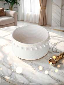 1 件现代手工编织圆球流苏篮，日式白色收纳篮，用于桌面杂物、零食、玩具和钥匙整理 - 白色 - 查看 3