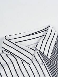 ii Plus Size Women's Long Sleeve Single Breasted Stylish Minimalist Striped Longline Shirt