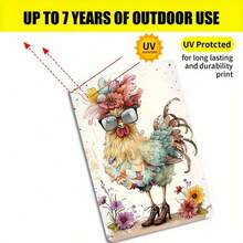 1 pieza Letrero de hojalata 2D plano, Gallo con botas y gafas, arte de granja divertido, decoración de pollo colorido, adecuado para cocina o granero, 30cm x 20cm con agujeros perforados previamente, estilo de agujero aleatorio