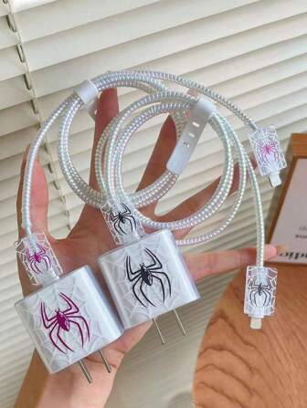 5pcs Spider Graphic 18W/20W Fast Charging Adapter Protector Case Set For IPhone/Apple Charger