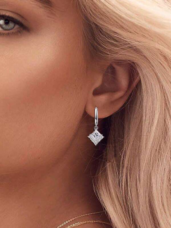 Pure Silver Earrings, Fashion Earrings Suitable For Women, Elegant Square Pendant Earrings, Hypoallergenic Hoops Cubic Zirconia Earrings, Minimalist For Daily Wear, Birthday Gift