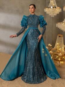 Elisanya Gorgeous Beaded Sequin Evening Gown With Dramatic Lantern Sleeves, Cascading Geometric Beading, Mermaid Silhouette & Satin Overlay For High-End Parties, Luxury Galas & Formal Award Shows