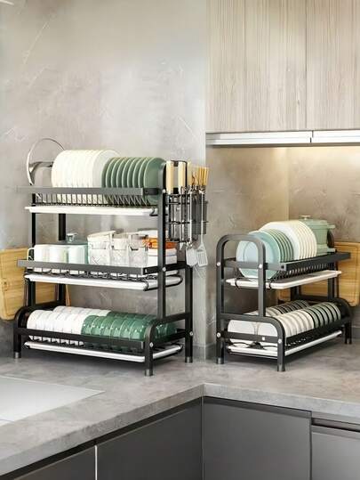 1pc Kitchen Rack, High-Quality Carbon Steel 2-Tier/3-Tier Dish Drying Rack, Large Capacity Dish Storage Organizer With Cutlery Holder, Cutting Board Rack, Bowl Rack, Cup Rack, Drainage Pipe, Rust-Proof And Hygienic (Please Refer To The Actual Product Images When Purchasing)