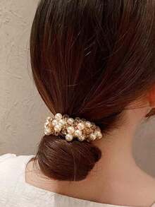 1条女士仿珍珠发圈，简约优雅精致高弹发绳，时尚发饰，适用于发髻、马尾辫，日常佩戴，发圈，橡皮筋，发绳 - 彩色 - 查看 3