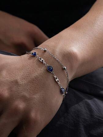 1pc Fashion Devil's Eye Charm Layered Chain Bracelet For Men, Personalized Daily Wear Birthday Gift (First Layer Beads Quantity Random, Excluding Gift Box)