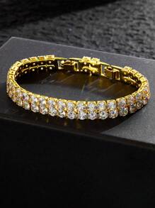 SEQUITO 1 件高档镀黄金男女款手链珠宝密钉镶嵌双排方形闪亮 AAAAA 方晶锆石晚会串手链