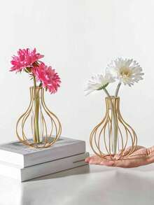 1pc Gold Geometric Metal Hydroponic Vase With Test Tube Rack | Modern Minimalist Retro Decor For Living Room, Office, Home | Elevated Floral Arrangement Vase, Wedding Party Floor Vase, Home Decoration Room Decor Flower Vase Glass Vase - Gold - View 7