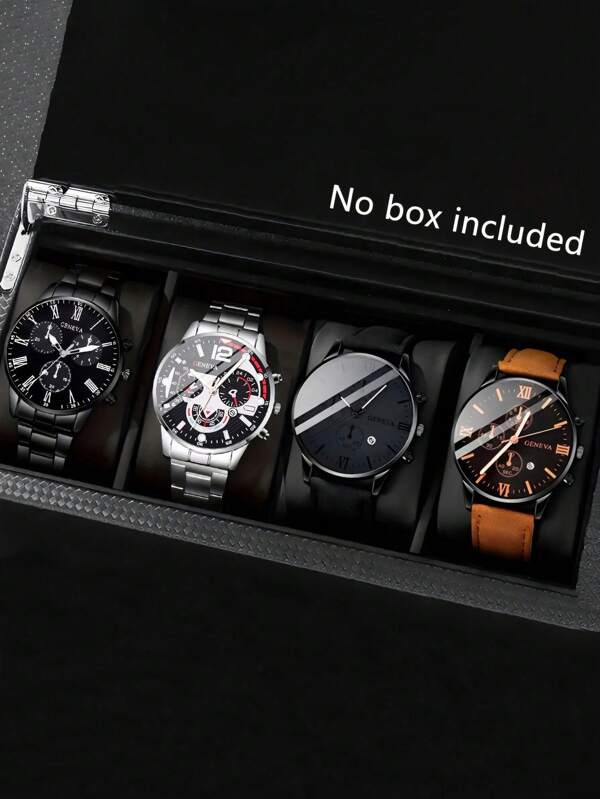 1set Personalized Leather & Alloy Strap Men's Quartz Sports Watch With Calendar, 4pcs Gift Set Suitable For Casual Wear And Holidays