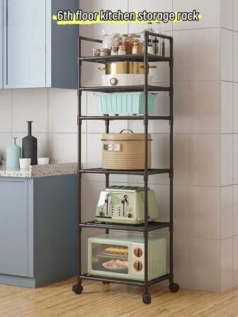 1pc 2-6 Tier Rolling Floor Stand, Kitchen Microwave Oven Cart, Living Room Snack Organizer Rack, Easy Assembly, High Capacity Storage Trolley