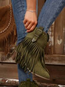 Fall/Winter Bohemian Chunky Heel Round Toe Fringe Rivet Mid-Calf Cowboy Boots For Women, Retro Rivet Inlay Splice Faux Suede Western Boots,Party - Green - View 4