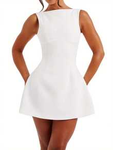 Women's Summer Mini Tank Dress Sleeveless Open Back Solid Color Above Knee Dresses - White - View 3