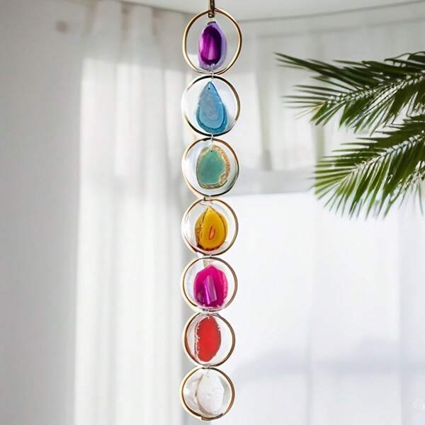 1 Pc Natural Agate Seven Chakra Hanging Wind Chime Life Tree Wall Decor, Tumbled Stone