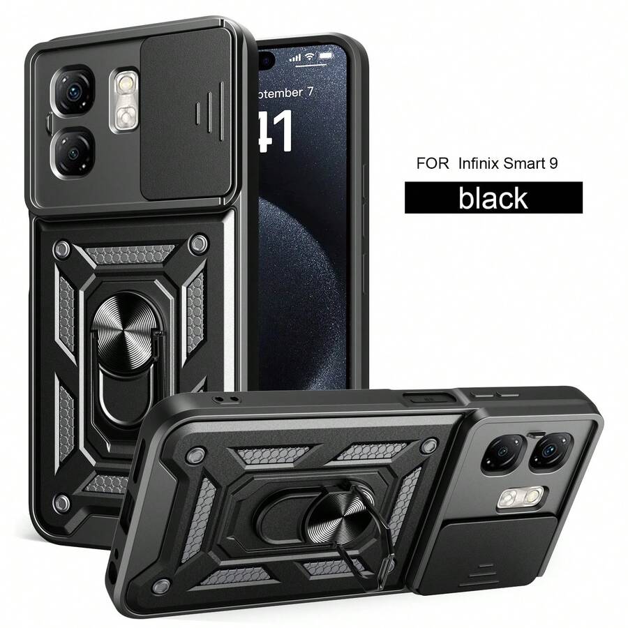 Infinix Smart 9/Hot 50i Phone Case With Kickstand Ring And Sliding Camera Cover Waterproof Shockproof Anti-Fall Scratch Resistant - Black - View 1