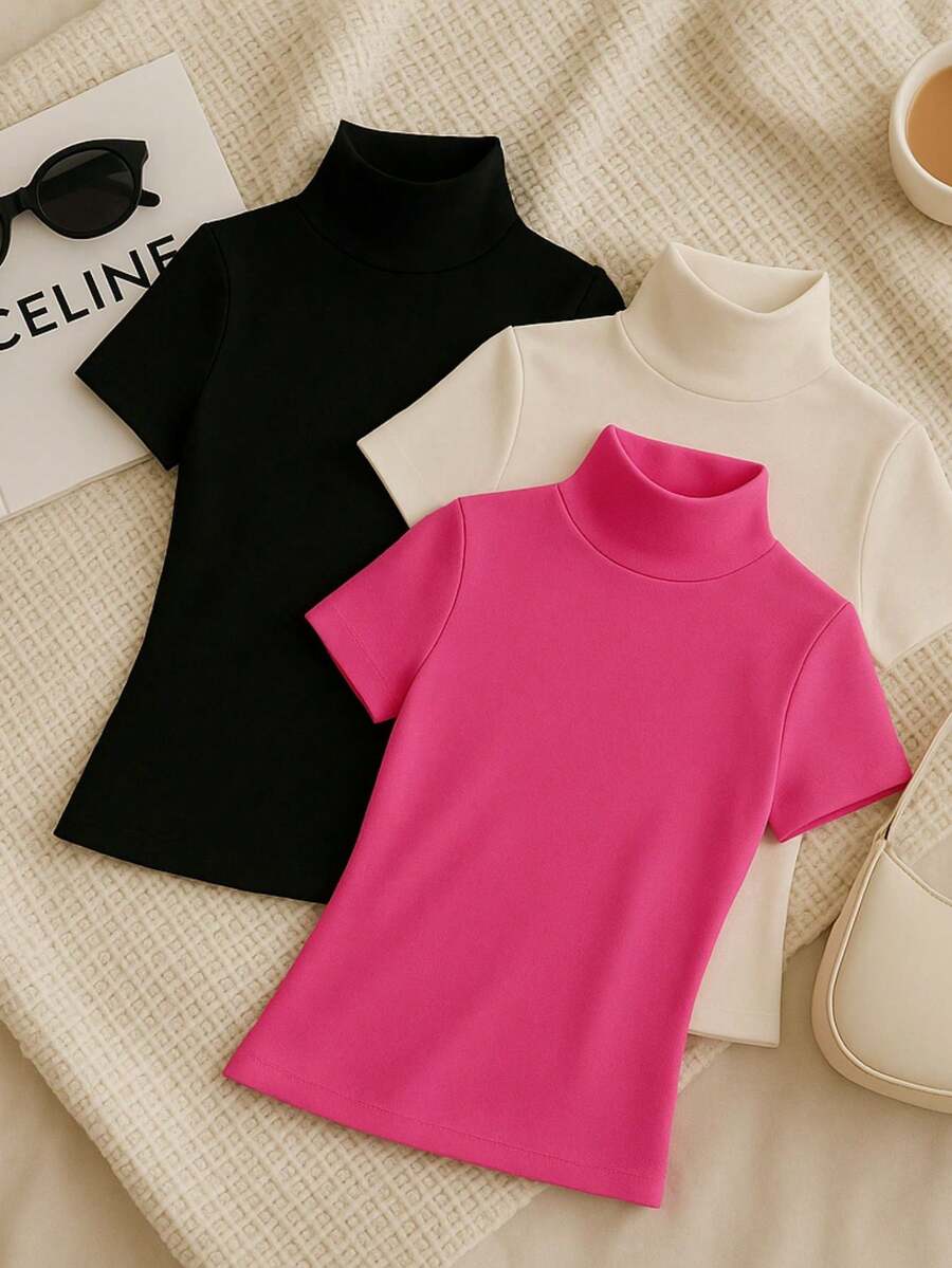Kit 3 Suplex Blouses High Collar Basic Casual Women - Black/Pink/Off - View 1