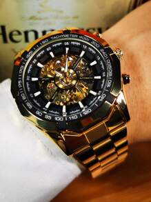 FORSINING 1pc Classic Skeleton Automatic Mechanical Watch For Men Luminous Hands Gold Stainless Steel Strap Business Casual Men Watches Top Brand Luxury Wristwatches Gifts